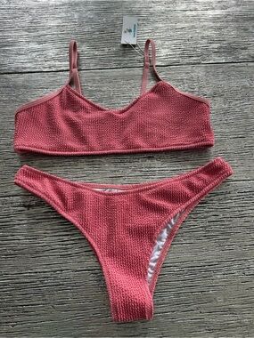 Textured Pink Scoop Bralette Bikini Set